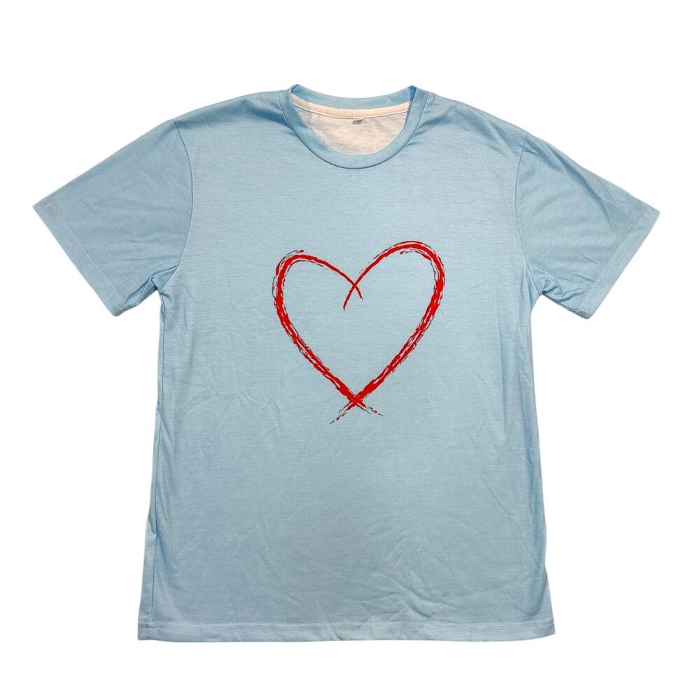 Light Blue Heart Graphic T-Shirt Red Heart Short Sleeve NEW Youth XL